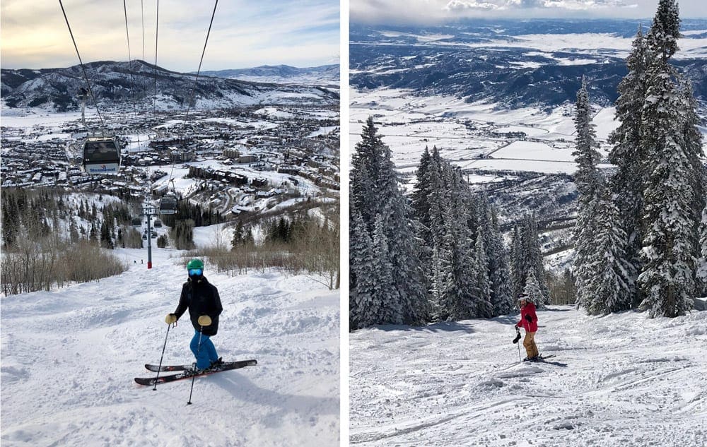 Left Image: A child on skis goes down a slope with an expansive view of Steamboat behind him. Right Image: A young child skis down a slope at Steamboat.