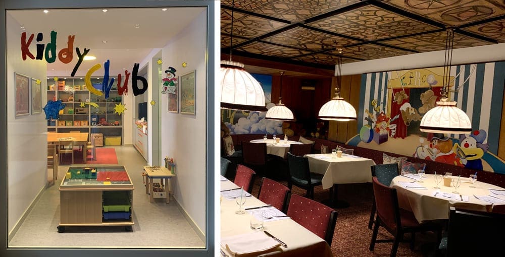 Left Image: Entrace of the Kiddy Club at Suvretta House. Right Image: A dining room at Suvretta House with tables set up for dining service.