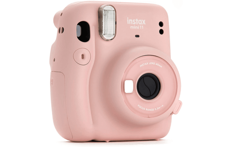 A product image of a pink Instax camera.