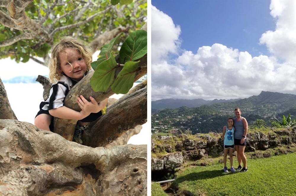 Left Image: A young child with blong curls hugs a tree on a beach in Grenada, one of the best Caribbean islands for families. Right Image: Mom and daughter stand smiling on vibrant grass on a clear blue day in Grenada.