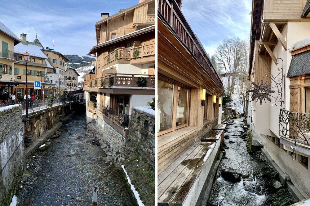 Left Image: An icy canal runs between historic buildings in Megeve. Right Image: A chilly canal sweeps between residential buildings in Megeve.