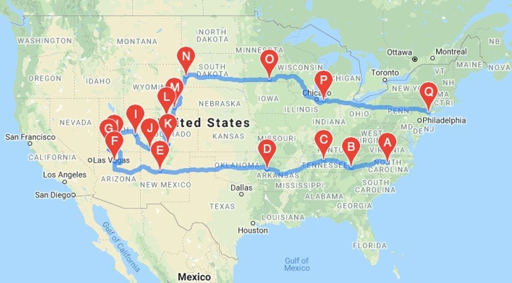 A vacation itinerary using Google maps and road trip markers showing a number of stops from North Caroline west, then back east to Philadelphia.