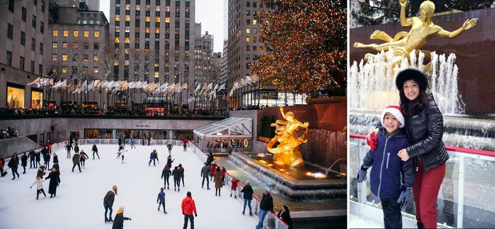 Left Image: An overhead view of The Rink at Rockefeller Center, featuring a number of skaters during the holdiays. Right Image: A mom and son pose while skating at the Rink at Rockefeller.