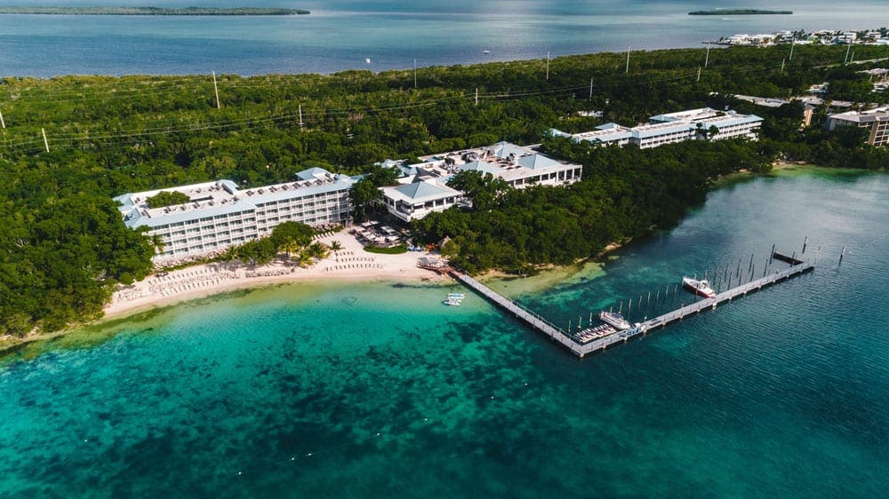 Aerial view of Baker's Cay Resort oceanfront property in Key Largo, one of the best family hotels in Key West and the Florida Keys.
