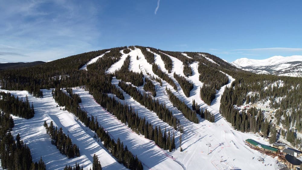 An aerial view of the many snowy slopes at Eldora Mountain Resort.