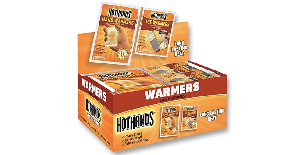 A box of Hot Hand hand warmers. Hand warmers are optional on our guide to ski gear for kids.