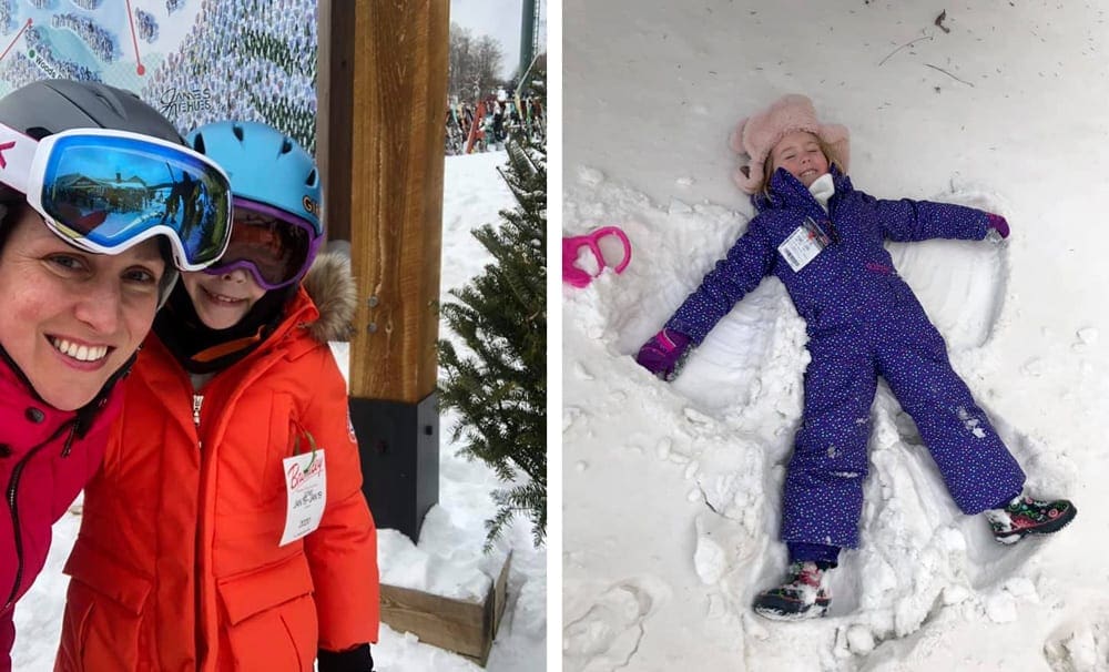 Left Image: A mom and her young child take a selfie while on-mountain at Bromley. Right Image: A young girl wearing a purple snow suit makes a snow angel at Bromley.