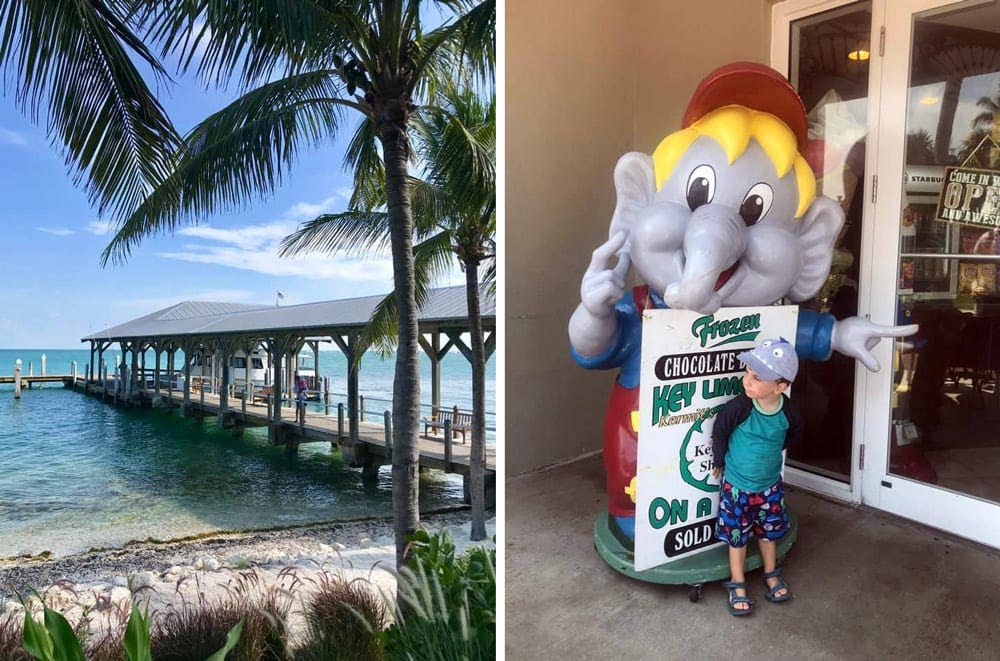 Left Image: A long covered dock stretches into the ocean near Key West. Right Image: A young boy stands with an elephant statue outside a restaurant in Key West.