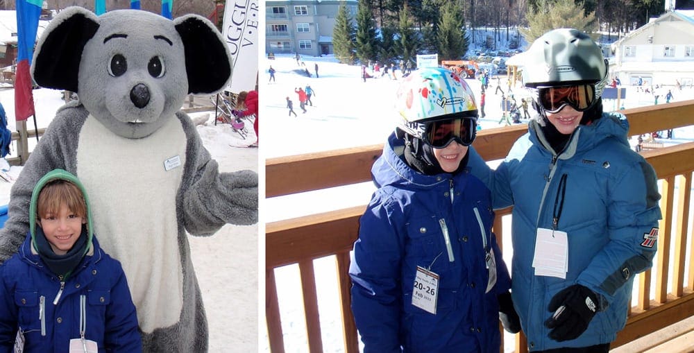 Left Image: A young boy stands with the Smuggler's Notch mascot in the snow. Right Image: Two kids wearing full ski gear, including helmets stand on a balcony overlooking Smuggler's Notch in Vermont.