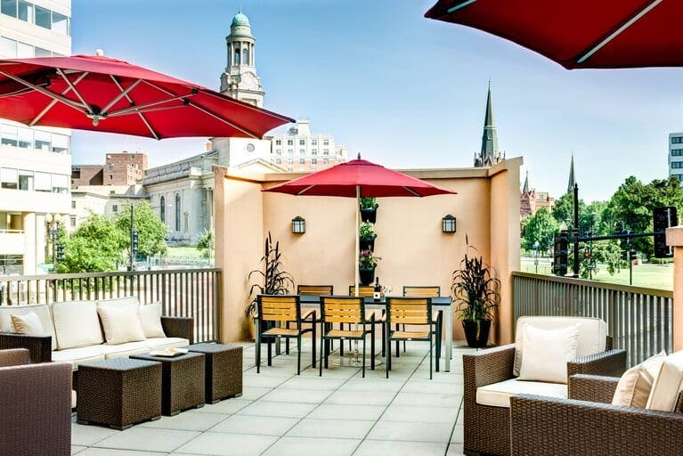 A patio inside the Residence Inn Washington D.C. Downtown awaits families looking to relax the city.