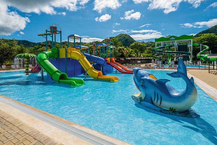 The water slides and splash pad at Hotel Riu Palace Costa Rica.