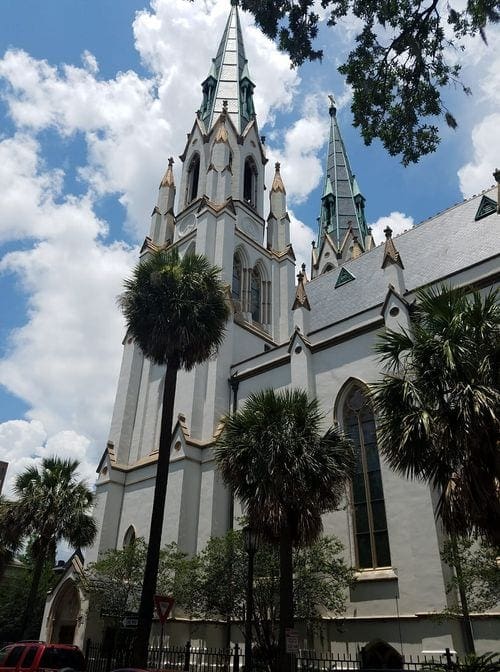 A view of one of the towers of The Cathedral Basilica of St. John the Baptist in Savannah.