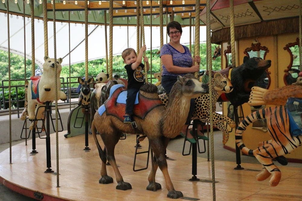 A mom and her young son ride on wild animal carousel seats at Lincoln Park Zoo in Chicago.