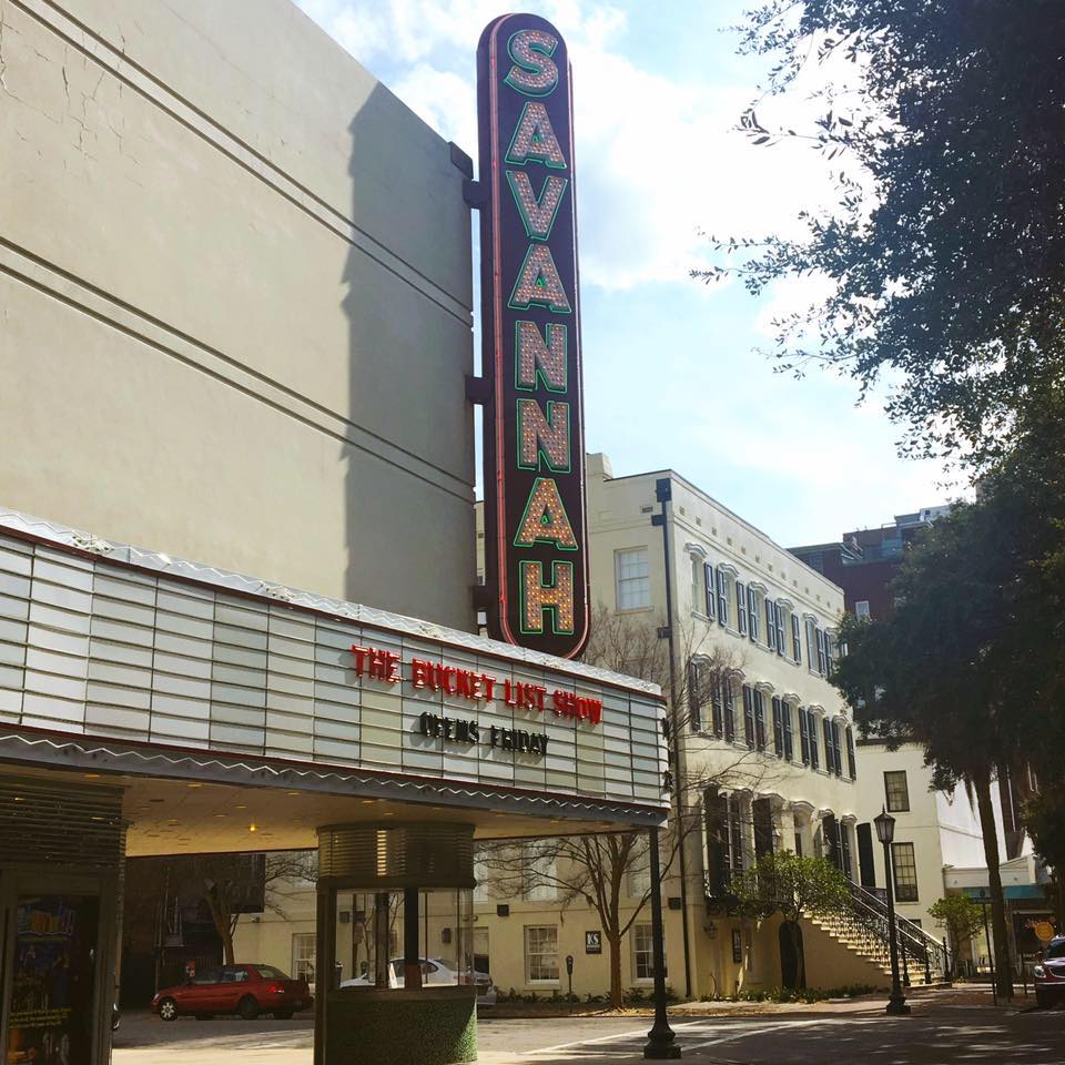 The marquee at the Historic Savannah Theatre on a sunny day.