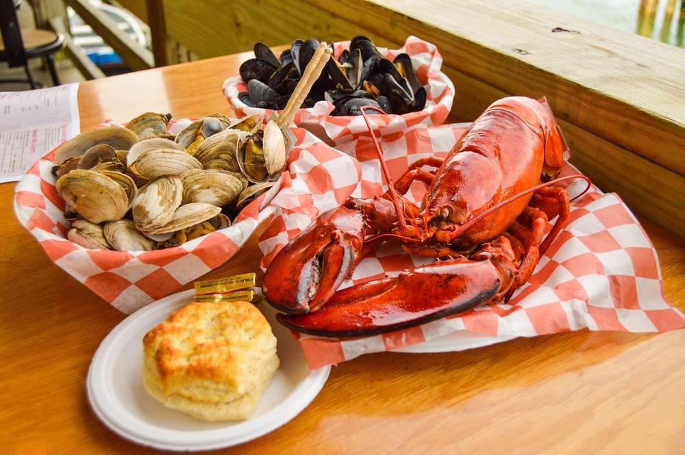 A large dinner of lobster, mussels, clams, and a biscuit from Beal's Lobster Pier.