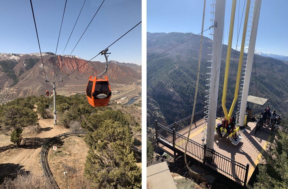 Left Image: A orange gondola moves up the mountain near Glenwood Springs. Right Imge: A family enjoyes a huge adventure park ride while exploring Glennwood Springs, one of the best stops on our one-week Colorado itinerary for families.