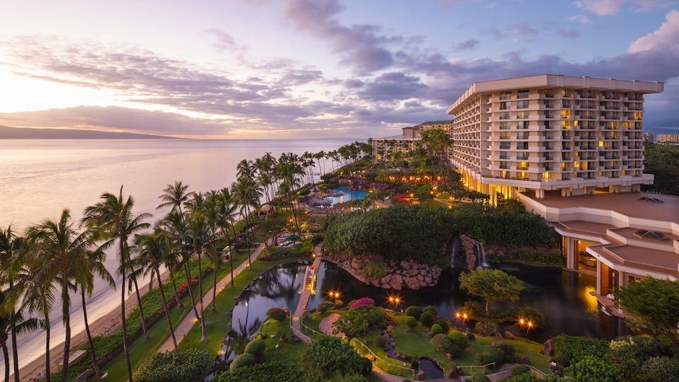 An aerial view of the grounds and buildings for Hyatt Regency Maui Resort And Spa, one of the best hotels in Hawaii for a family vacation.