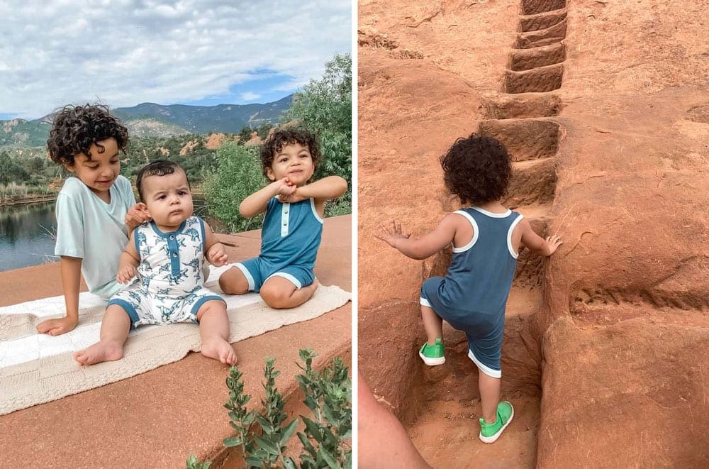 Left Image: Three boys sit together smiling with the Colorado Red Rocks Open Space behind them. Right Image: A young toddler boys climbs clay stairs at the Red Rocks Open Space, one of the best things to do in Colorado Springs with kids.