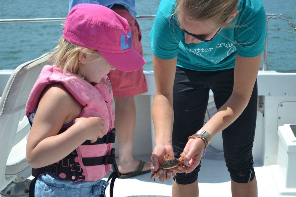 A ship crew member shows a young girl a crab while on a Critter Cruise off-shore from Nantucket.