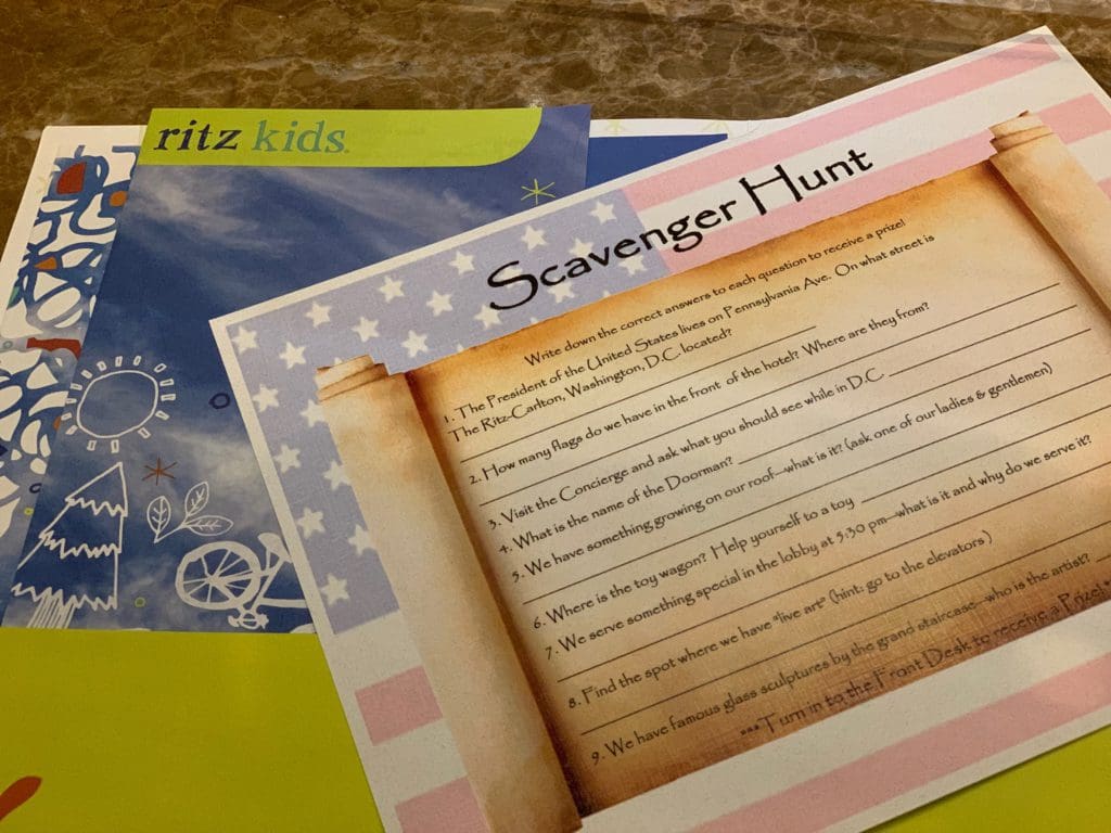 image of a scavenger hunt offered for kids at The Ritz Carlton, one of the best family hotels in Washington D.C.