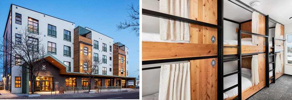 Left image: The modern-style entry to the Kinship Landing. Right Image: Inside a room with lofted beds at the Kinship Landing, one of the best hotels in Colorado Springs for families.