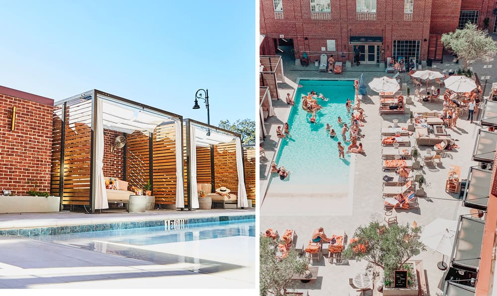 Left Image: A posh cabana on the side of the outdoor pool at the The Alida Savannah, A Tribute Portfolio Hotel. Right Image: An aerial view of the outdoor pool and pool deck at the The Alida Savannah, A Tribute Portfolio Hotel.