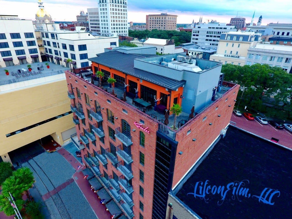 An aerial view of the urban Bohemian Hotel Savannah Riverfront, Autograph Collection, one of the best hotels in Savannah for families.