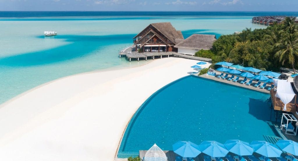 A view of a bungalow a the Anantara Dhigu Maldives Resort, one of the best family hotels in the Maldives.
