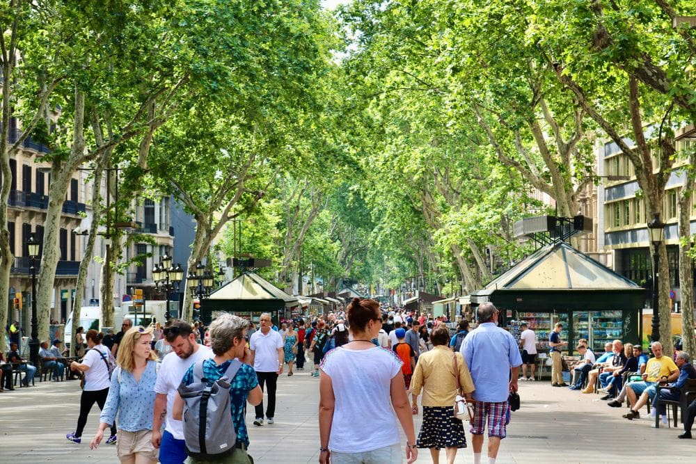 A crowd of tourists explore Las Ramblas, with its iconic trees flanking both sides of the pedestrian street.