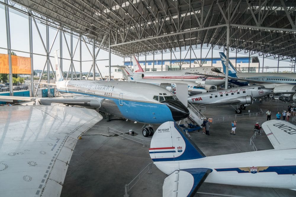 Several planes sit inside a hanger at the Seattle Museum of Flight, a must stop on your 3-day Seattle itinerary for families.