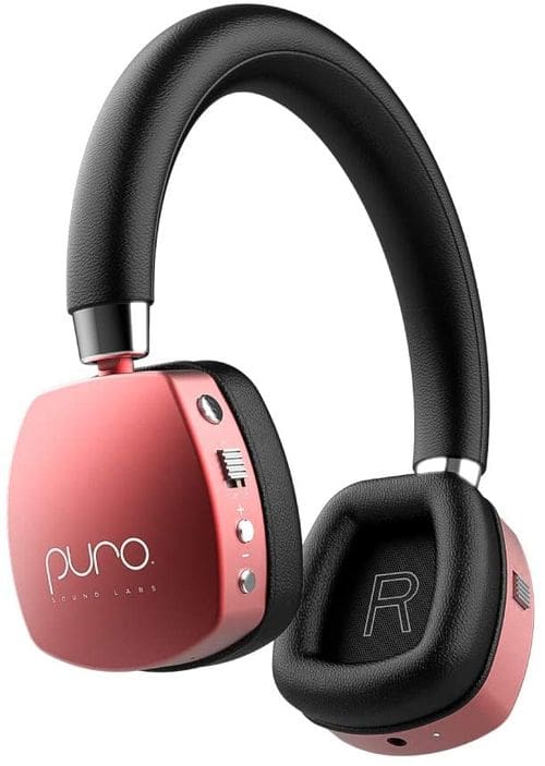 A product shot of red Puro Sound Labs PuroQuites headphones.