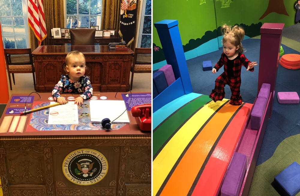 Left Image: A young girl plays at the presidential exhibit at the Chidlren's Museum. Right Image: A young toddler walks across a colorful bridge inside the Children's Musuem.