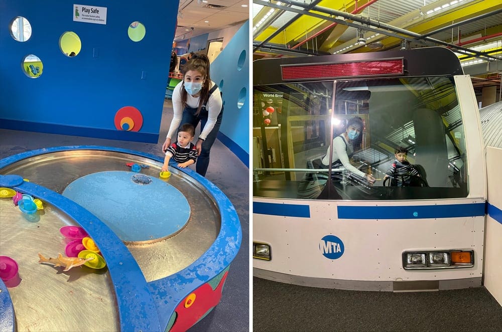 Left Image: A mom and her young child play at a water table at the Brooklyn Children's Museum. Right Image: A mom and her young child play in a bus exhibit at the Brooklyn Chidlren's Musuem.