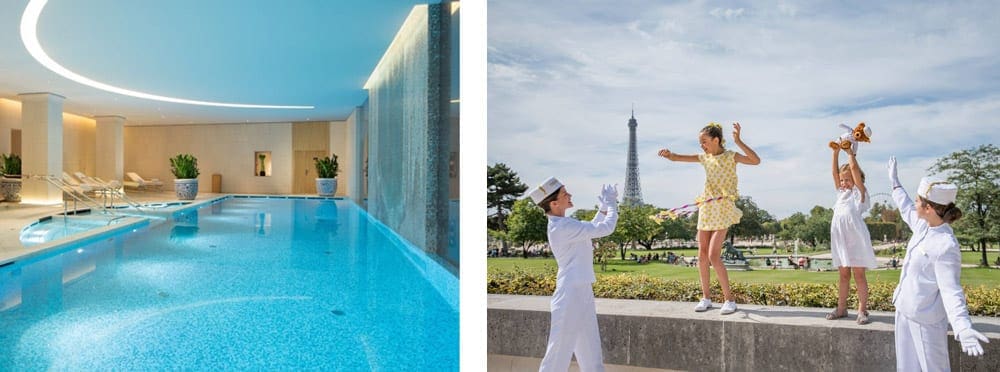 Left Image: The brightly lit indoor pool at the The Peninsula Paris. Two kids play with two staff members at the The Peninsula Paris with the Eiffel Tower in the distance. 