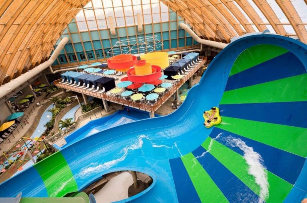 An aerial view of the large indoor waterpark and funnel slide at the Kartrite Resort and Indoor Water Park.
