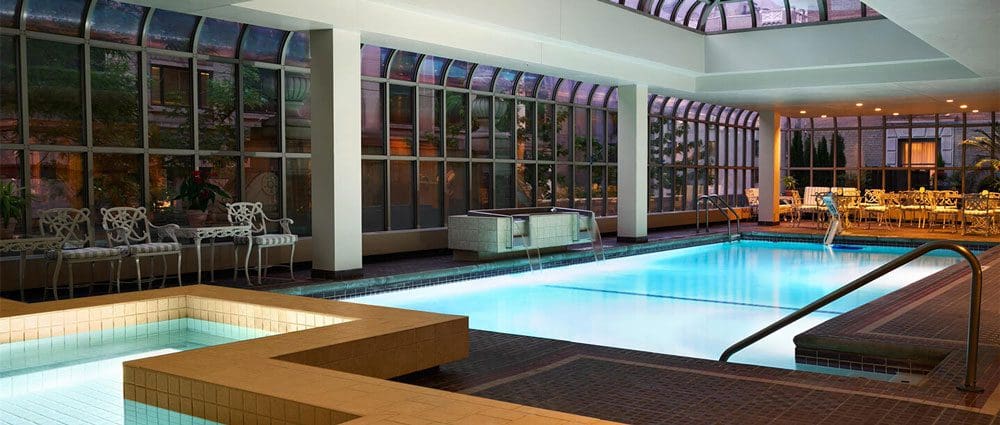 The large indoor pool and pool deck in the Fairmont Olympic Hotel, Seattle.
