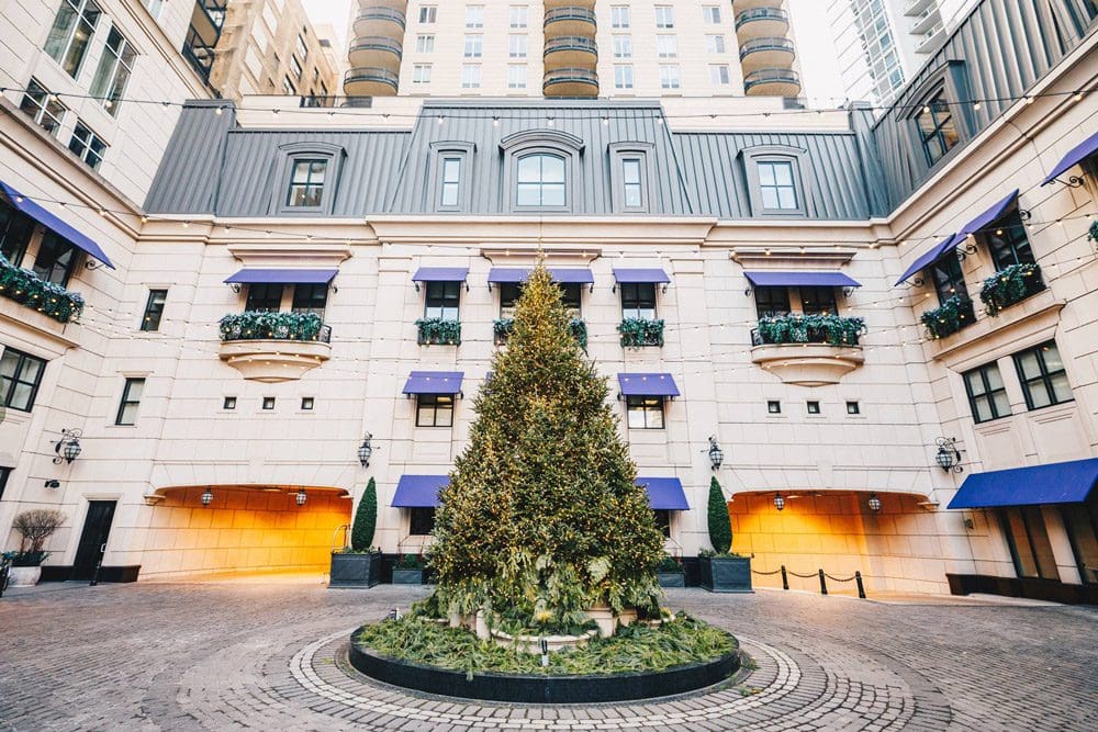 View of the courtyard at the Waldorf Astoria Chicago with a beautiful Christmas tree, taken during the holidays.