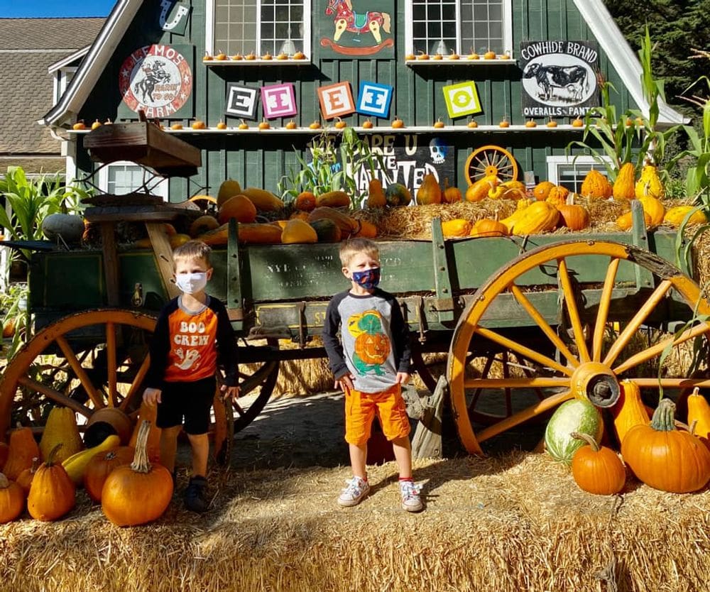 Two young boys stand near a wagon filled with pumpkins at Lemos Farm in Half Moon Bay, one of the best places for fall in California with kids.