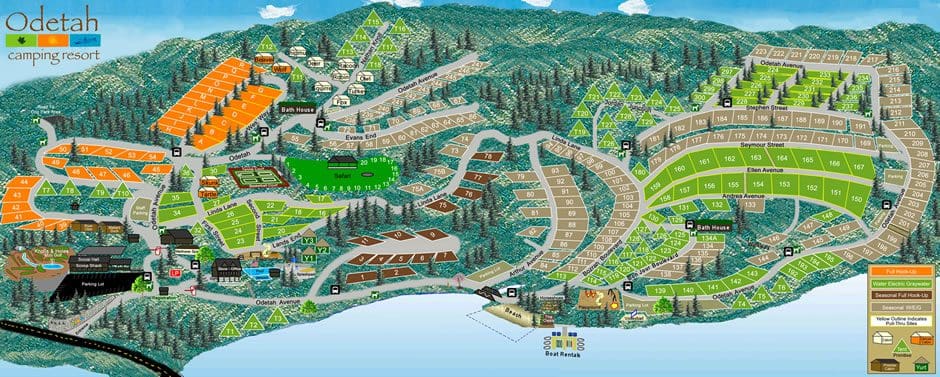 A large drawn map of the grounds of Odetah Camping Resort.