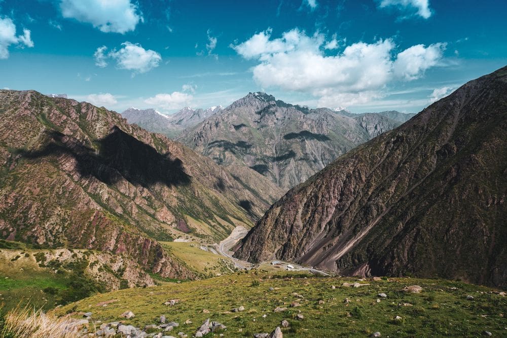 A striking landscape view of the mountains of Kyrgyzstan, one of the best weekend getaways from Dubai for families.