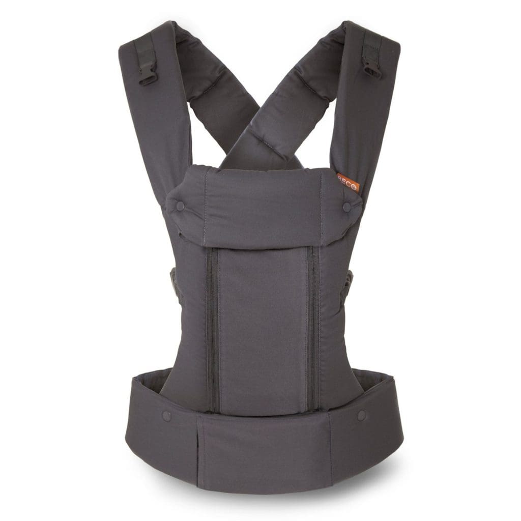 A product shot of a dark gray Beco Toddler Carrier, one of the best baby carriers for travel.