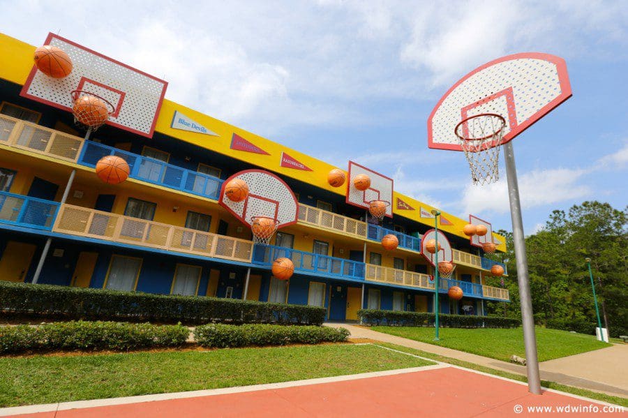 One of the hotel buildings at Disney’s All-Star Sports Resort, with the appearance of a basketball court.