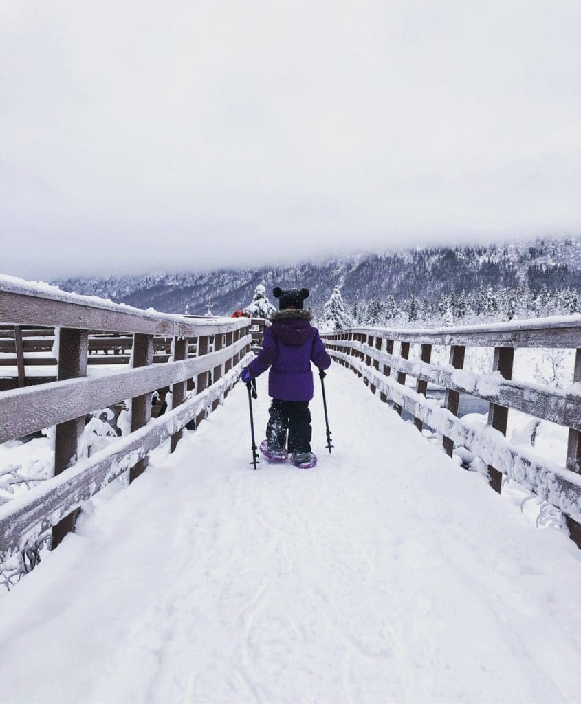A young child in a purple coat hikes along a bridge near Anchorage, while wearing snowshoes and using hiking poles.
