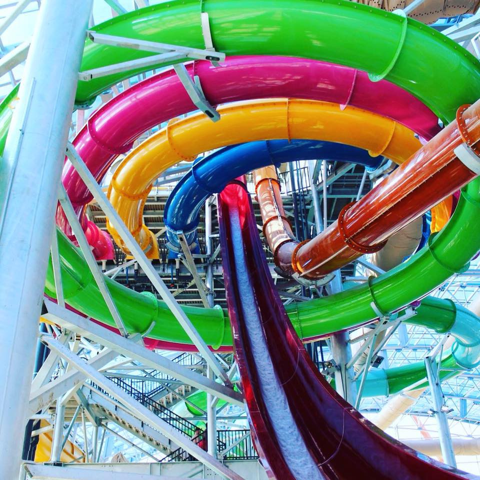A rainbow-colored water slide at the Epic Waters Indoor Water Park in Arlington.