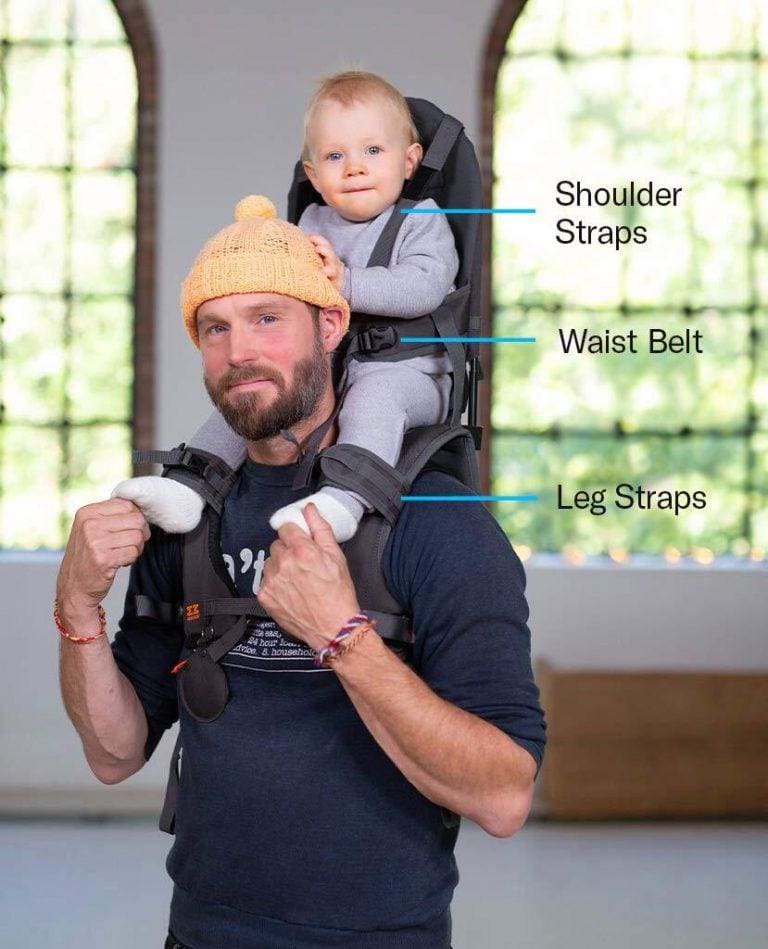 A dad holds his child on his shoulders using a MiniMeis G4 Shoulder Carrier.