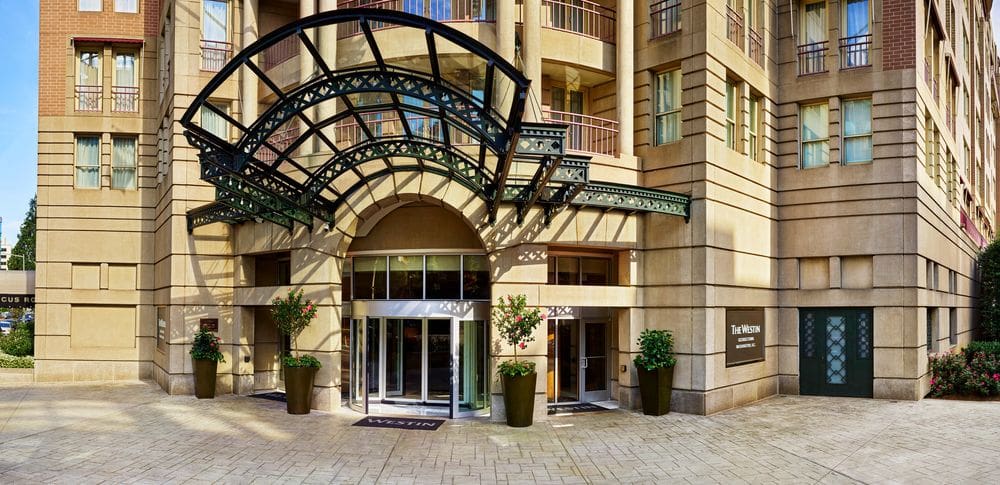 A view of the grand entrance to the The Westin Georgetown, Washington DC on a sunny day.
