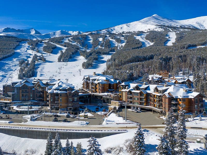 A view of the resort and grounds at Grand Colorado on Peak 8, one of the best places to stay in Breckenridge with kids this winter.
