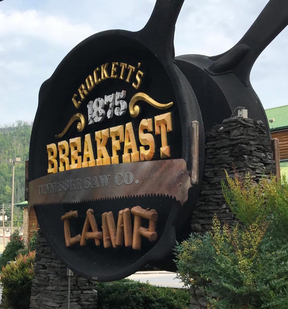 The large cast-iron pan sign for Crockett's Breakfast near Gatlinburg.