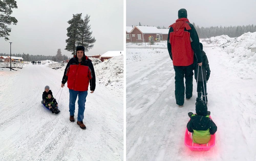 Left Image: A dad pulls his young son on a sled on a snowy day in Washington DC. Right Image: A dad walks with his son, while pulling his younger son on a red sled in Washington DC.