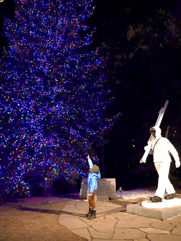 A young boy looks up at a large Christmas tree, decked out with lights in hues of blue, red, and green.